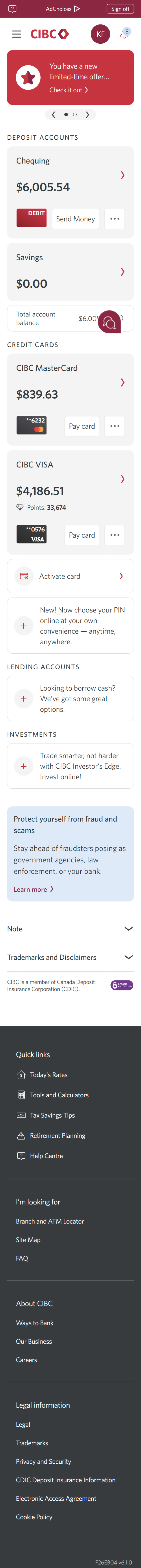 Demo screen 14: CIBC Online Banking homepage. A pulsing animation highlights the "CIBC Mastercard®" account button.