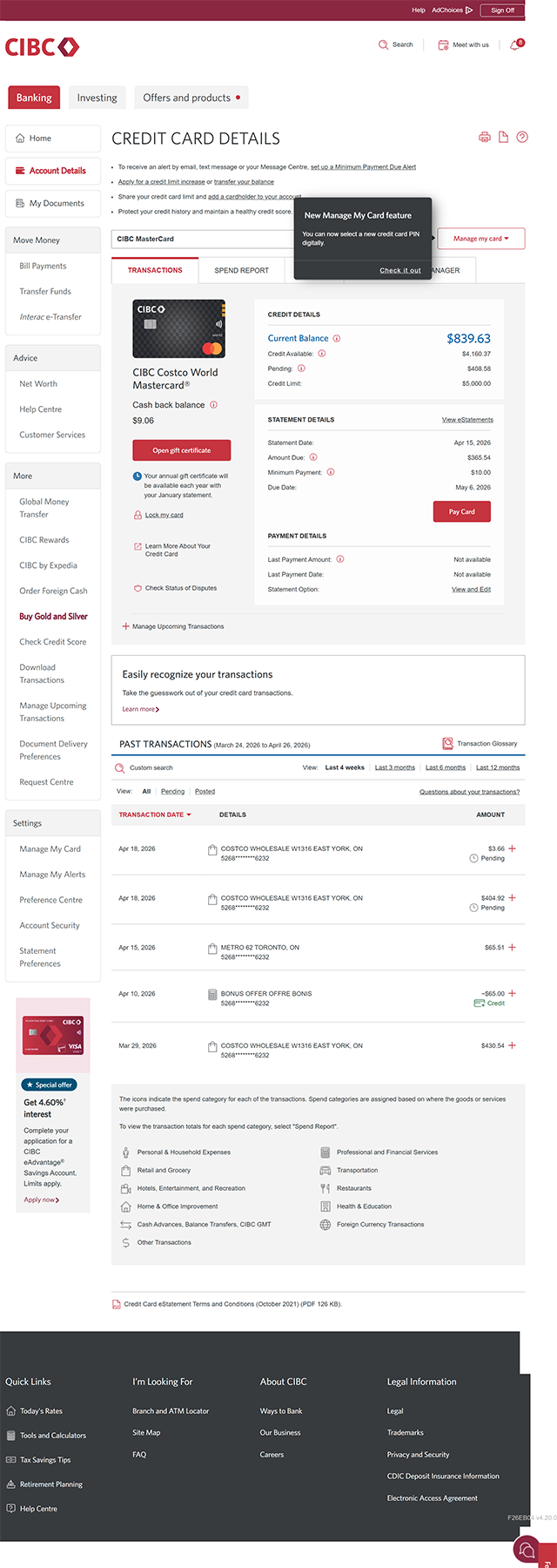 Demo screen 15: CIBC Mastercard account page. A pulsing animation highlights the "Open gift certificate" button.