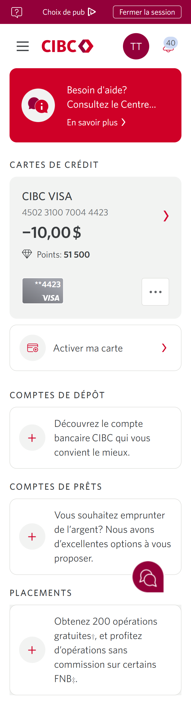 Écran 2 de la démonstration : Page d’accueil de Services bancaires CIBC en direct. Une animation dynamique met en évidence le menu Plus d’options.