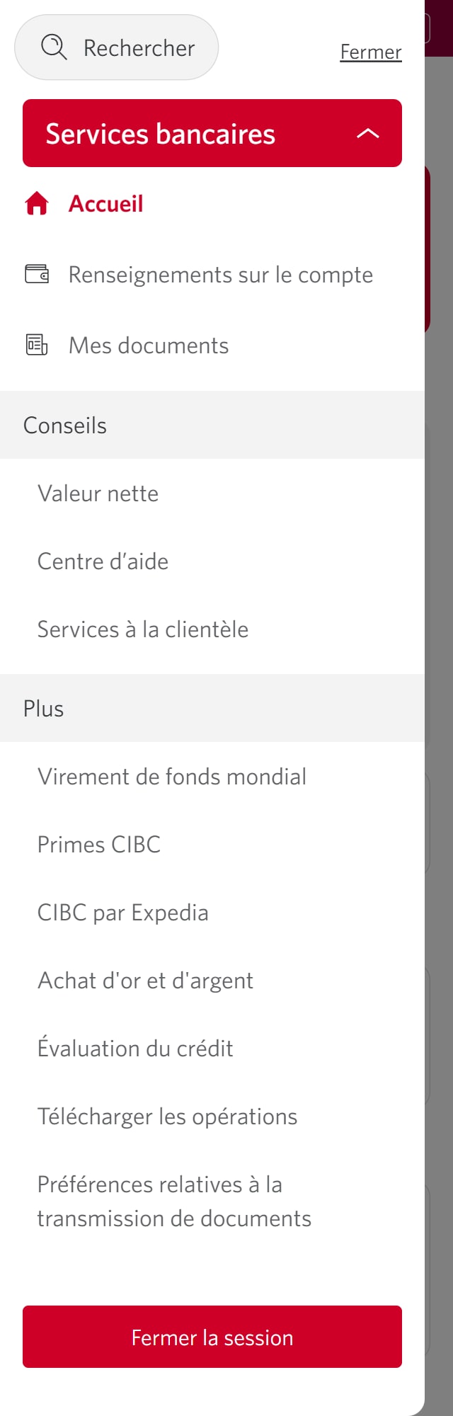 Écran 3 de la démonstration : Page d’accueil de Services bancaires CIBC en direct. Une animation dynamique met en évidence le bouton « Primes CIBC ».