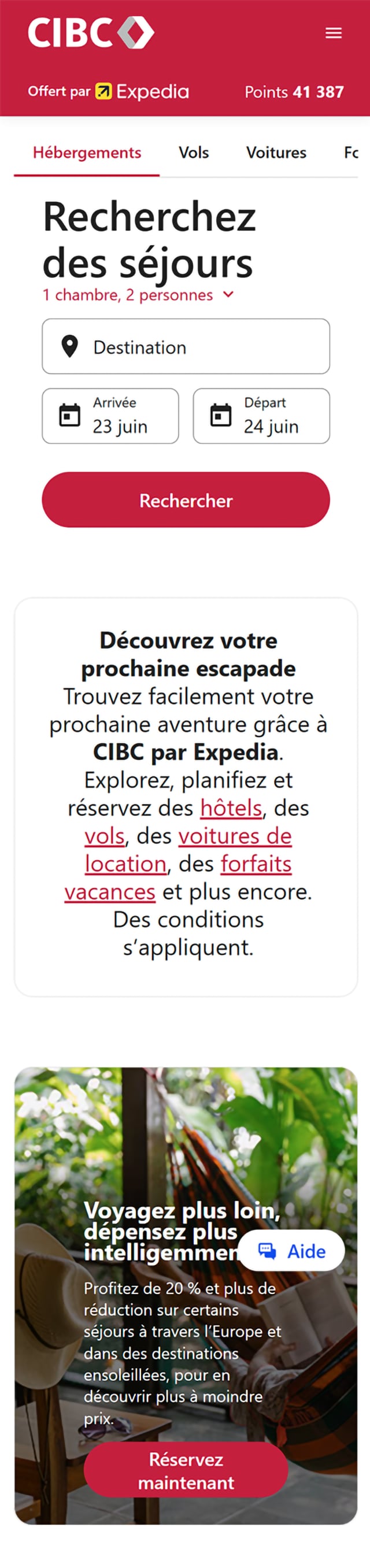 Écran 5 de la démonstration : Primes voyages dans Services bancaires CIBC en direct. Une animation dynamique met en évidence le champ de recherche de séjours.