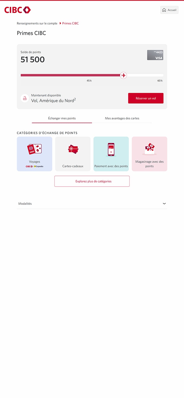 Écran 6 de la démonstration : Primes dans Services bancaires CIBC en direct. Une animation dynamique met en évidence le bouton « Cartes-cadeaux ».