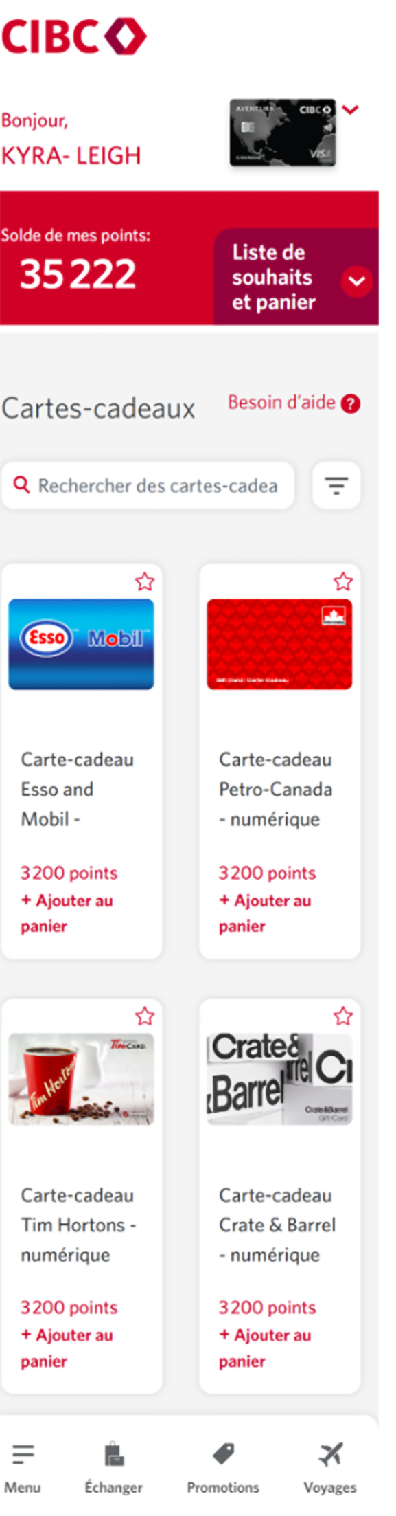 Écran 7 de la démonstration : Cartes-cadeaux de Services bancaires CIBC en direct. Une animation en pulsation met en évidence le lien Plus.