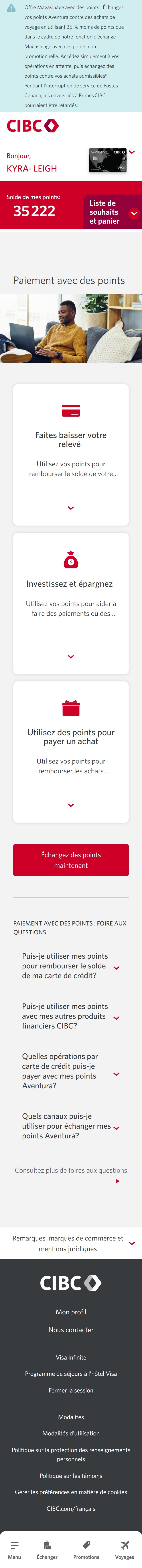 Écran 9 de la démonstration : Paiement avec des points dans Services bancaires CIBC en direct. Une animation dynamique met en évidence le bouton Échangez des points maintenant.