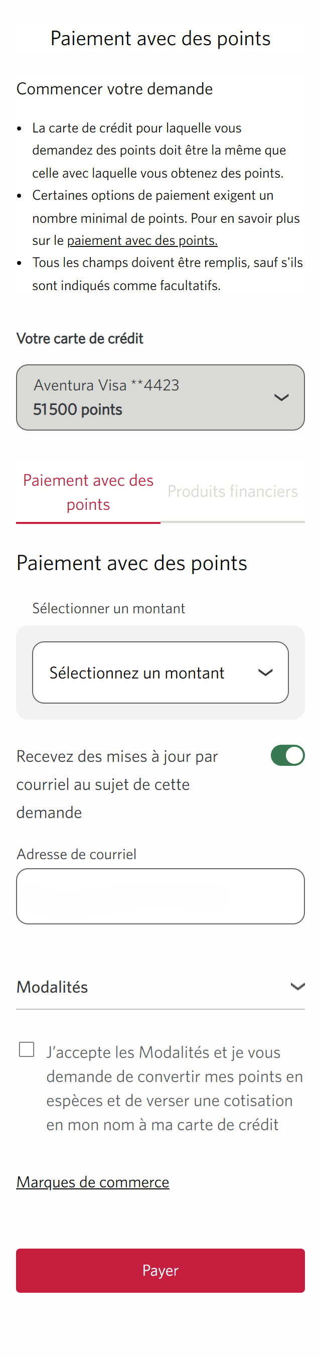 Écran 10 de la démonstration : Paiement avec mes points dans Services bancaires CIBC en direct. Une animation dynamique met en évidence la zone de liste déroulante de sélection du montant.