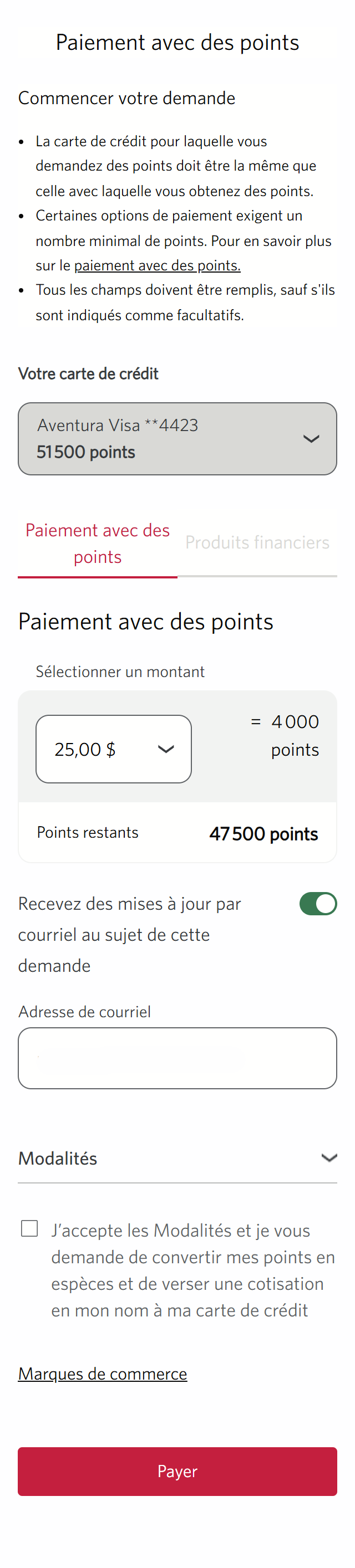 Écran 11 de la démonstration : Paiement avec mes points dans Services bancaires CIBC en direct. Une animation dynamique met en évidence le bouton « Payer ».