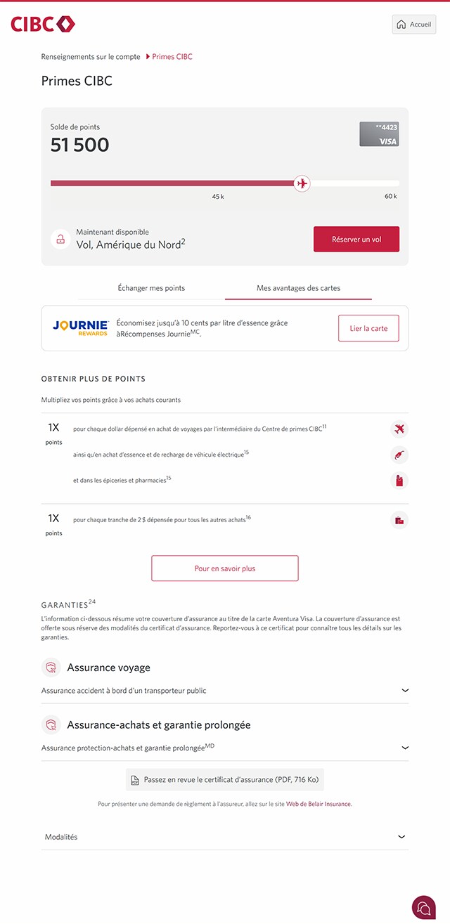 Écran 13 de la démonstration : Page des primes de Services bancaires CIBC en direct, Mes avantages. Une animation dynamique met en évidence le bouton de la page d’accueil.