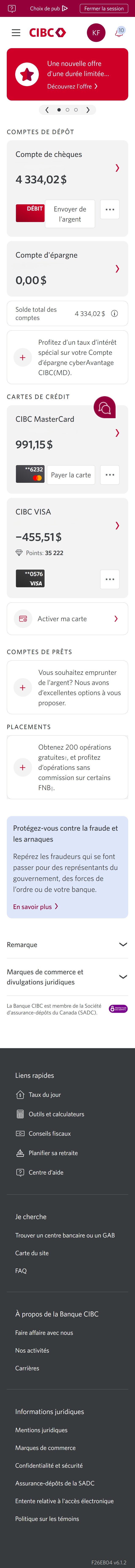 Écran 14 de la démonstration : Page d’accueil de Services bancaires CIBC en direct. Une animation dynamique met en évidence le bouton de compte CIBC Mastercard.