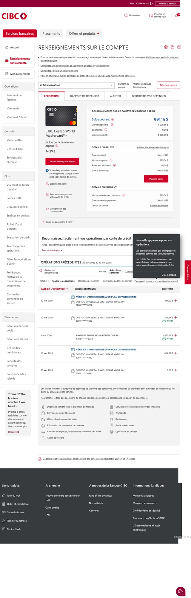 Écran 15 de la démonstration : Page du compte Mastercard CIBC. Une animation dynamique met en évidence le bouton « Ouvrir le chèque-cadeau ».