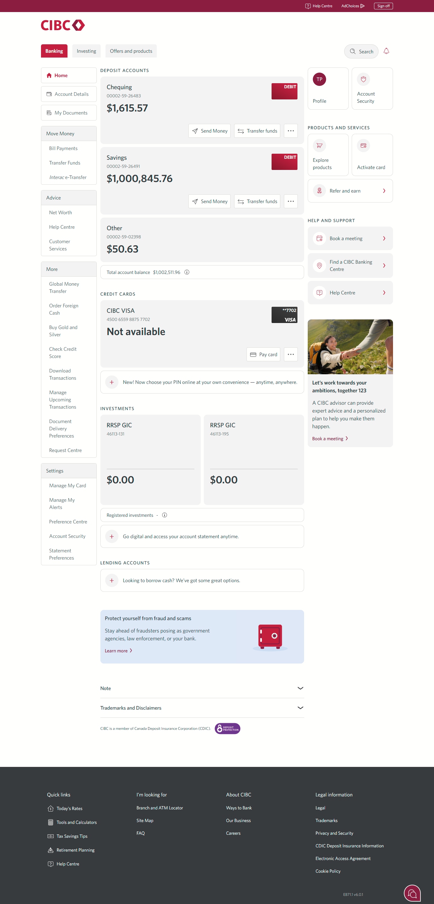 Demo screen 2: CIBC homepage. A pulsing animation highlights the "Profile" link.