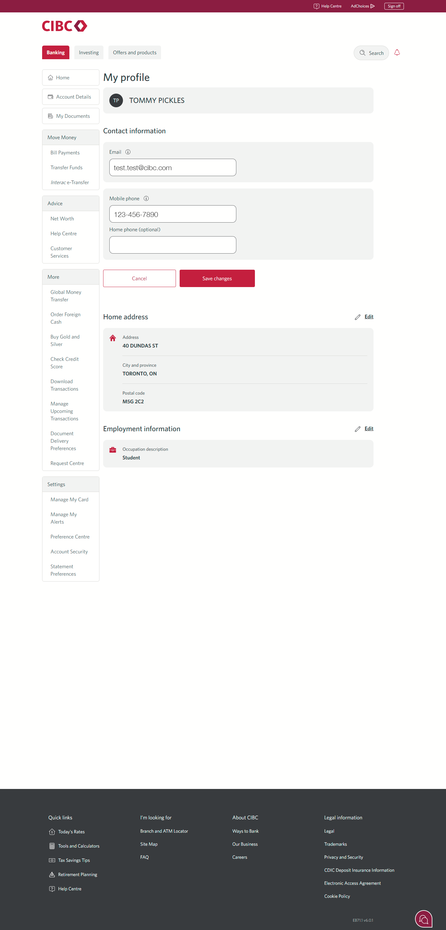 Demo screen 4: My profile page. A pulsing animation highlights the "Save changes" button for contact information.