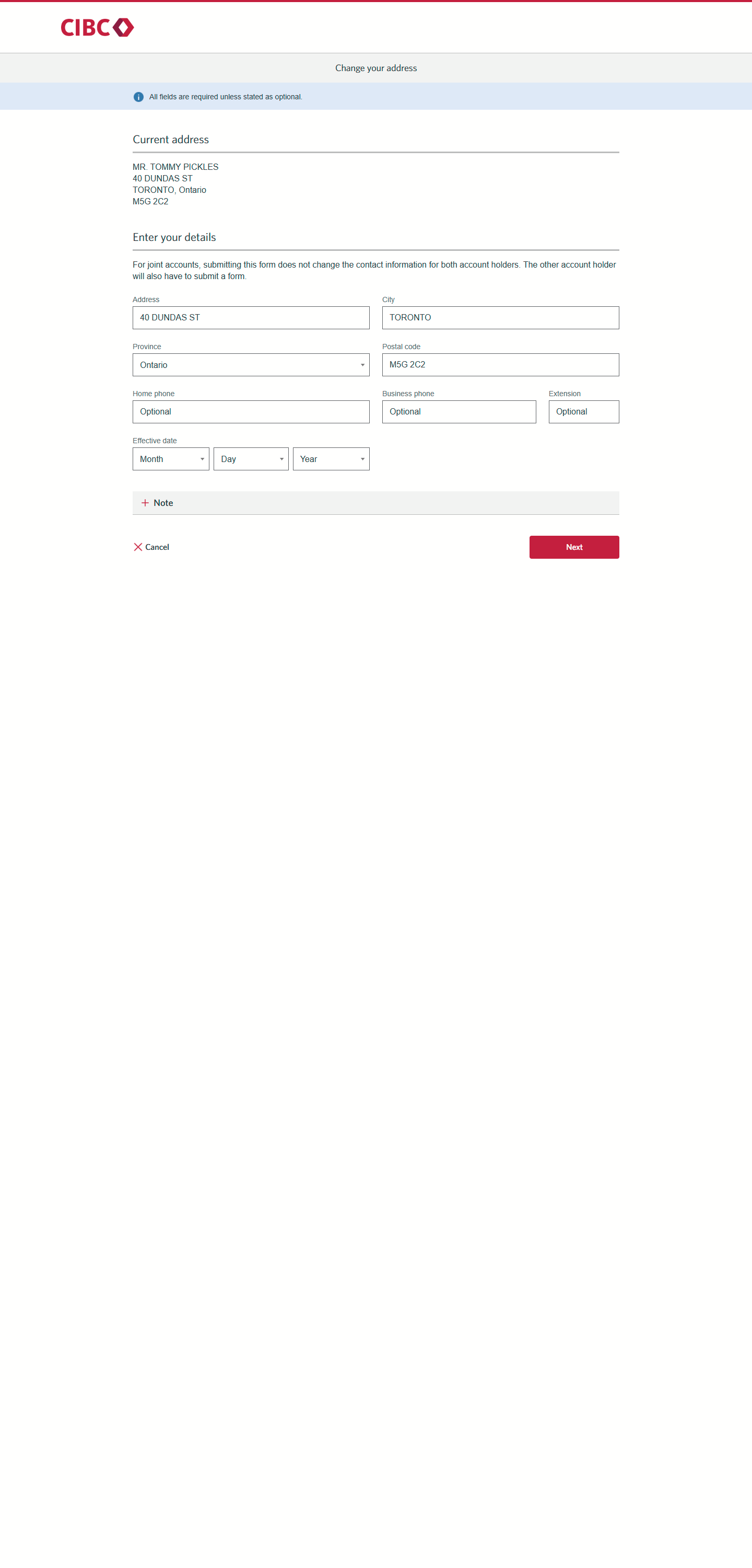 Demo screen 6: My profile page. A pulsing animation highlights the "Next" button for home address.