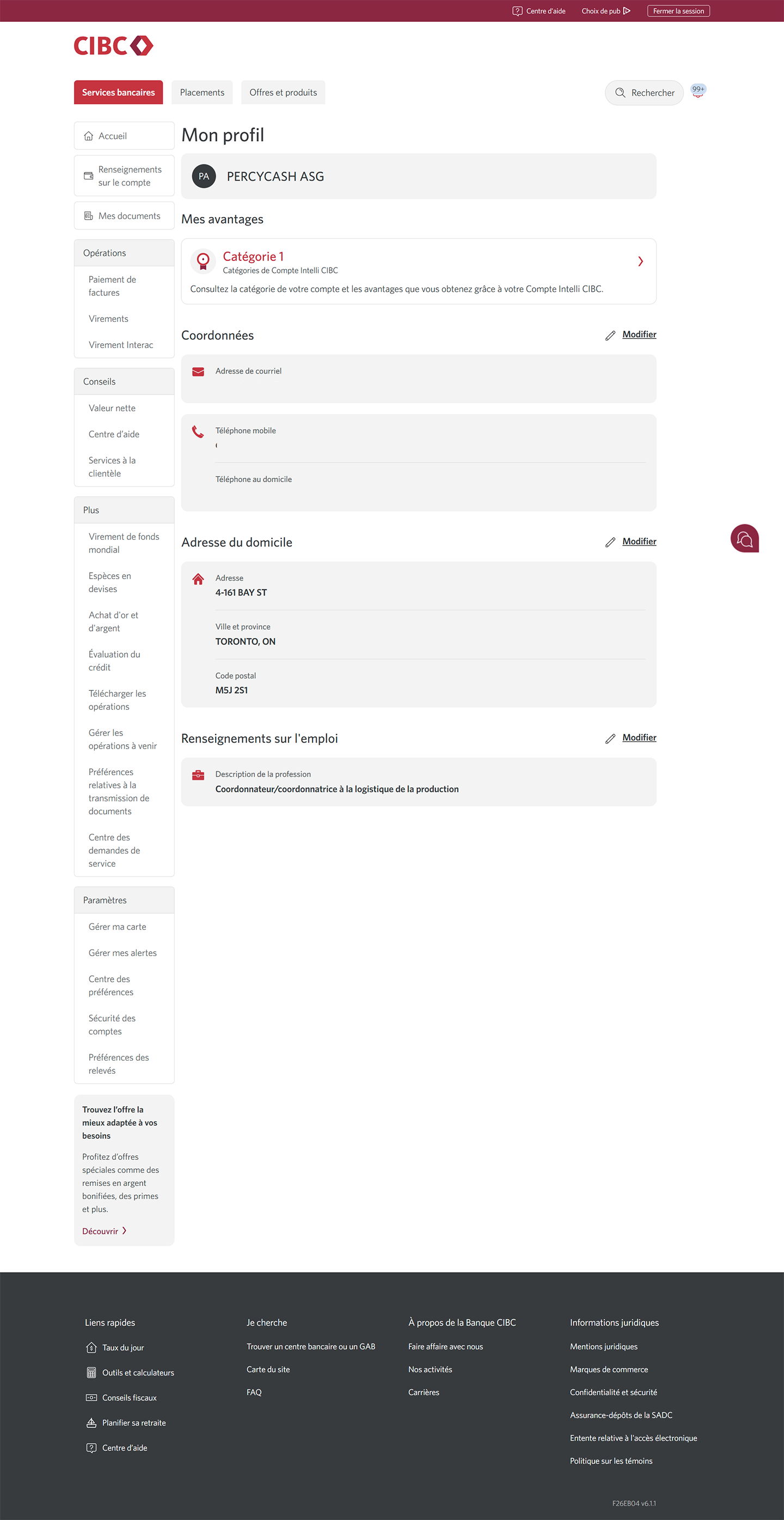 Écran 3 de la démonstration : Page Mon profil. Une animation dynamique met en évidence le lien « Modifier » à côté de « Coordonnées ».
