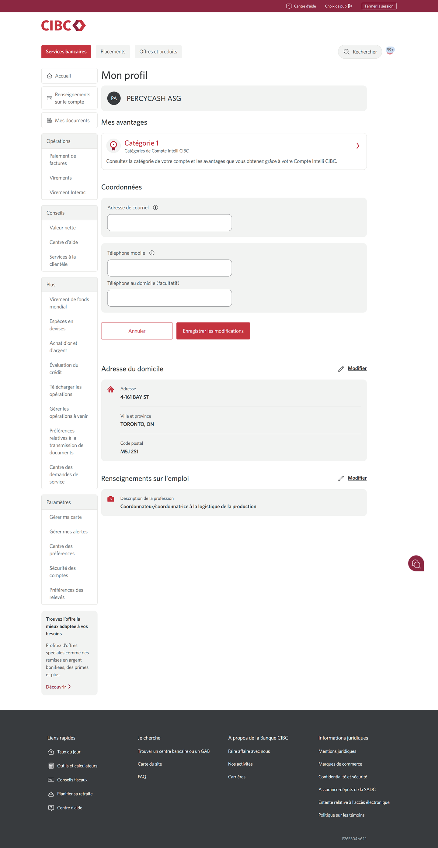 Écran 4 de la démonstration : Page Mon profil. Une animation dynamique met en évidence le bouton « Enregistrer les modifications » pour les coordonnées.