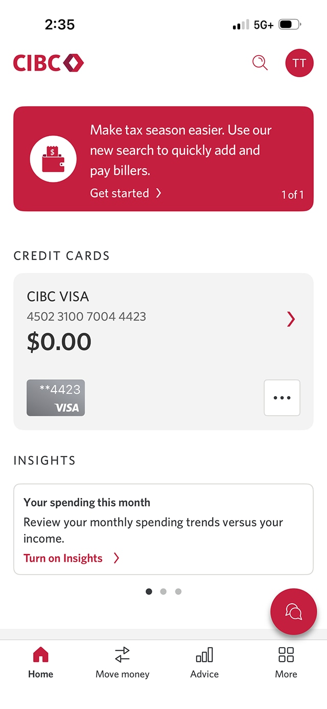 Demo screen 2: CIBC Mobile Banking App homepage. A pulsing animation highlights the profile button with user initials.