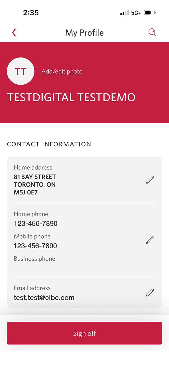 Demo screen 3: My profile page. A pulsing animation highlights the edit button next to the phone numbers.