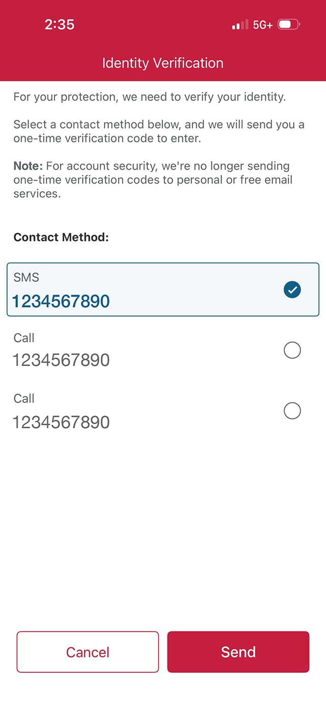 Demo screen 5: Identity verification page. A pulsing animation highlights the "Send" button.