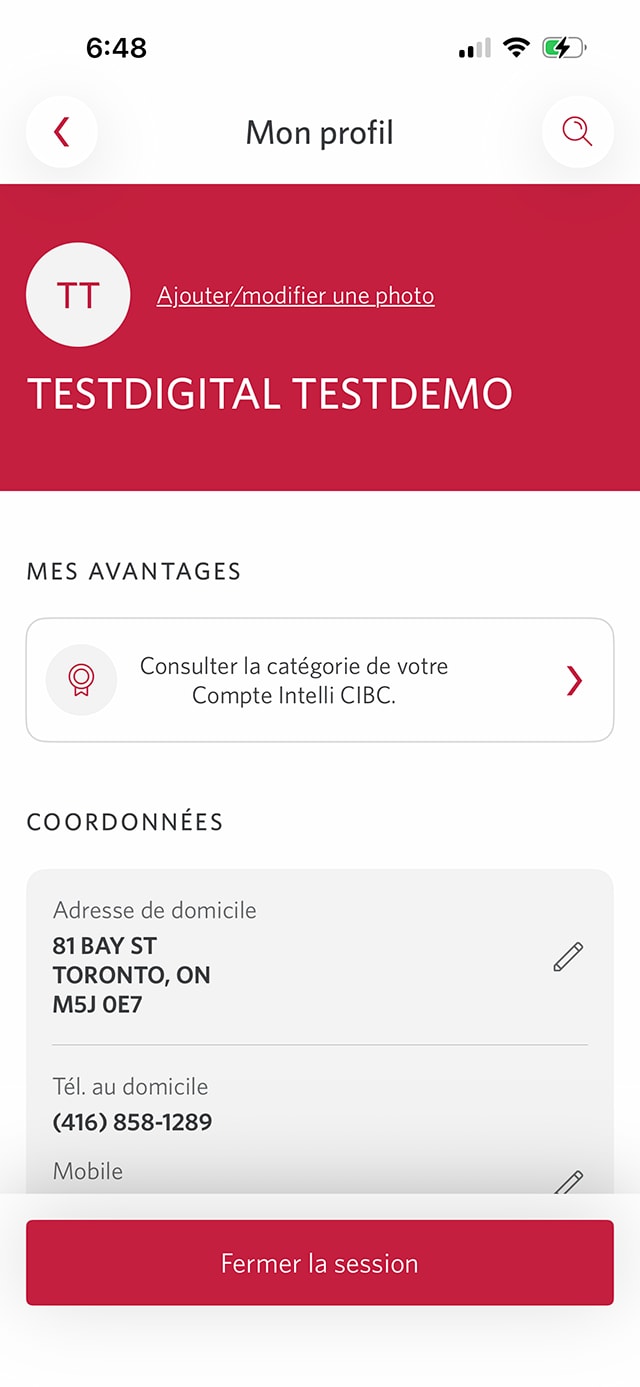 Écran 3 de la démonstration : Page Mon profil. Une animation dynamique met en évidence le bouton Modifier à côté des numéros de téléphone.