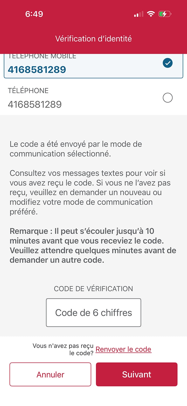 Écran 6 de la démonstration : Page Vérification de l’identité. Une animation dynamique met en évidence le bouton Suivant.