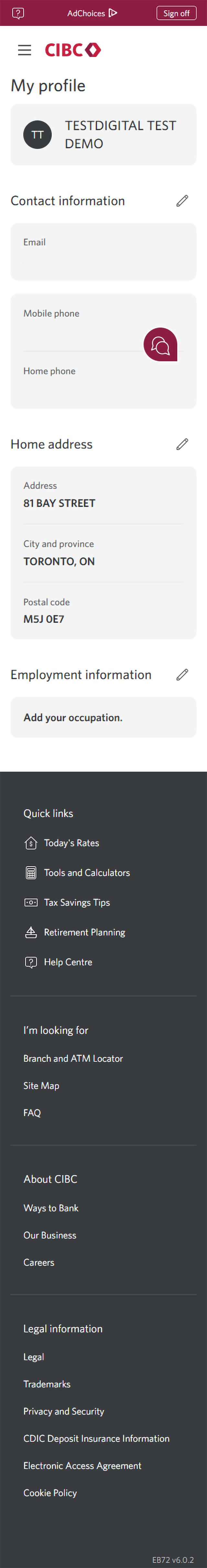 Demo screen 3: My profile page. A pulsing animation highlights the "Edit" link next to "Contact information".