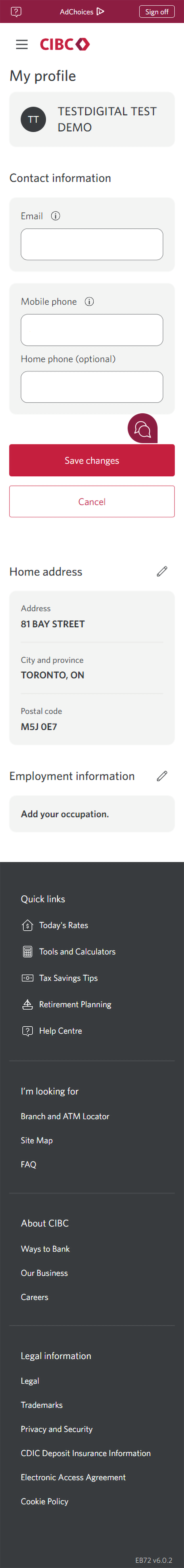 Demo screen 4: My profile page. A pulsing animation highlights the "Save changes" button for contact information.