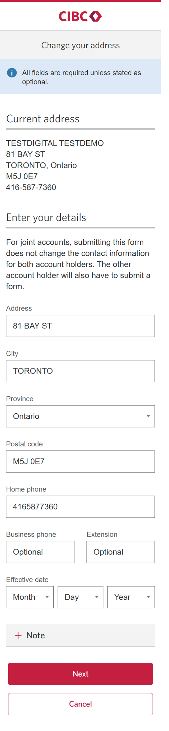Demo screen 6: My profile page. A pulsing animation highlights the "Next" button for home address.