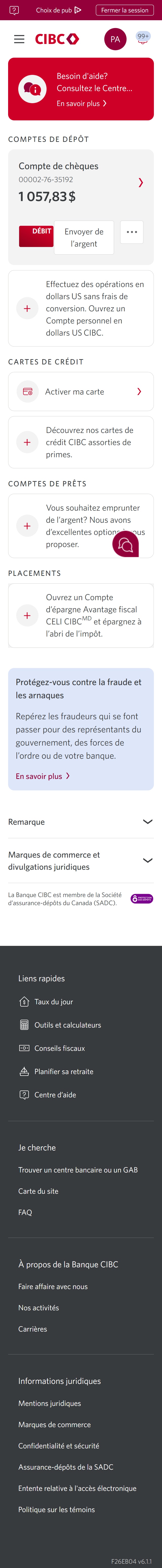 Écran 2 de la démonstration : Page d’accueil CIBC. Une animation dynamique met en évidence le lien Profil.