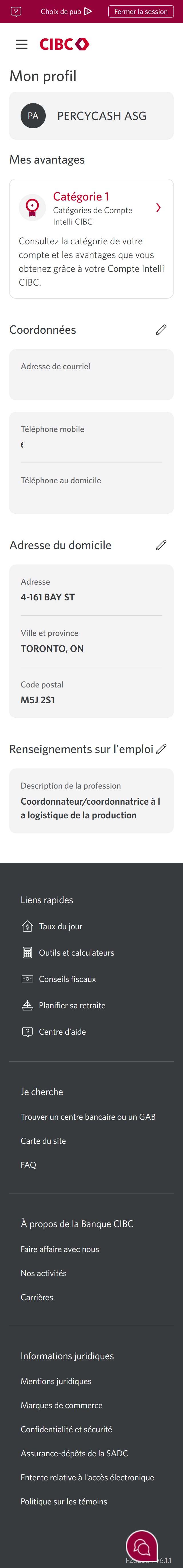 Écran 3 de la démonstration : Page Mon profil. Une animation dynamique met en évidence le lien « Modifier » à côté de « Coordonnées ».
