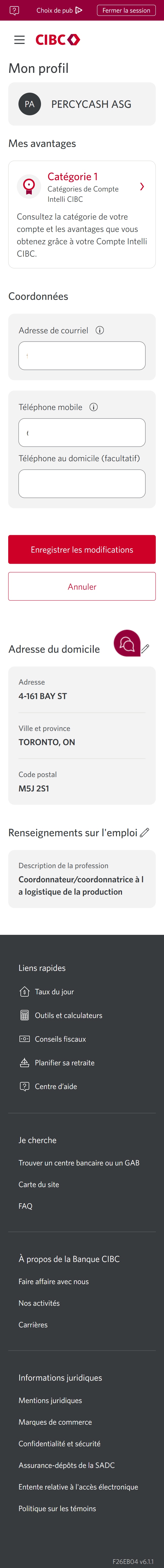 Écran 4 de la démonstration : Page Mon profil. Une animation dynamique met en évidence le bouton « Enregistrer les modifications » pour les coordonnées.