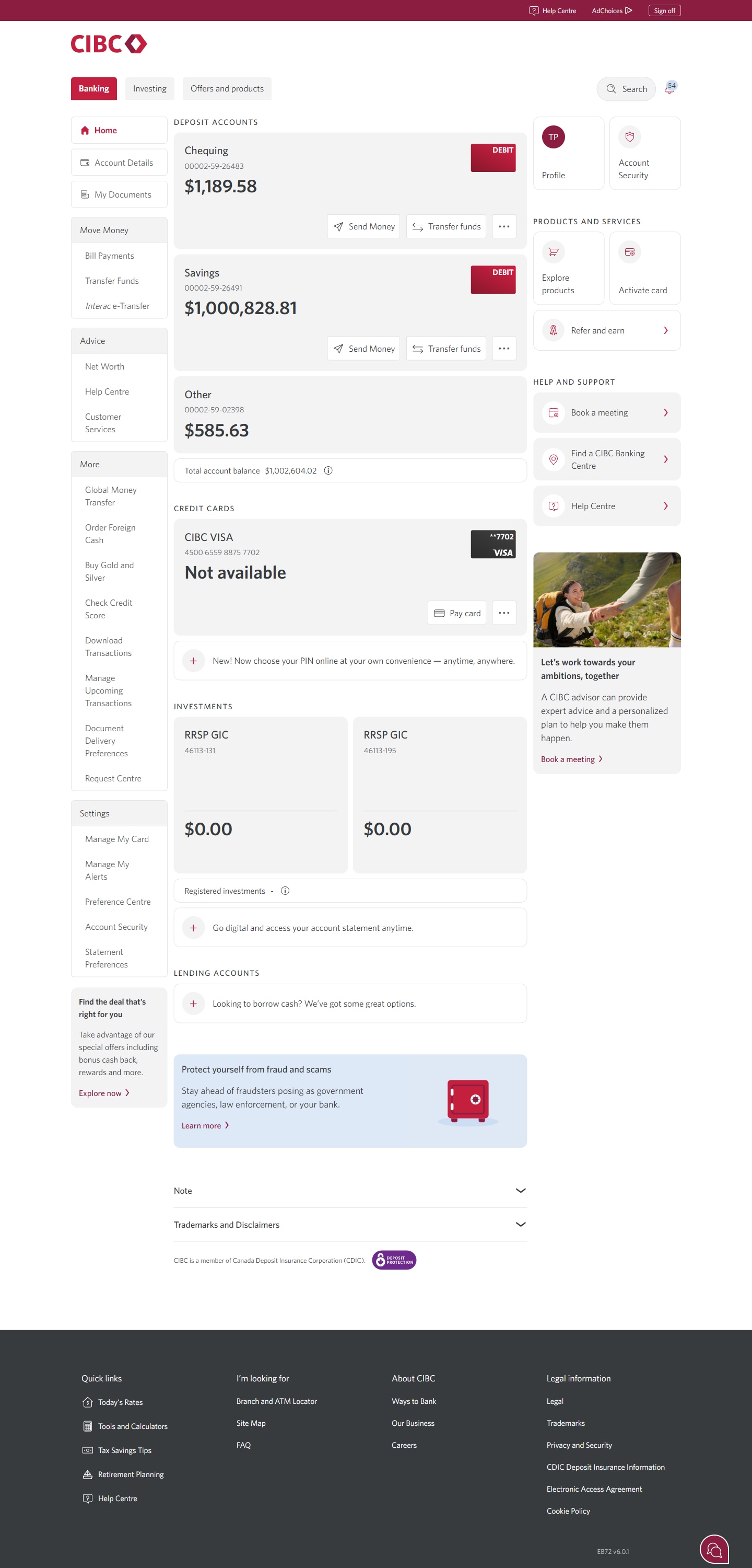Demo screen 2: CIBC online banking homepage. A pulsing animation highlights the "Request Centre" link.