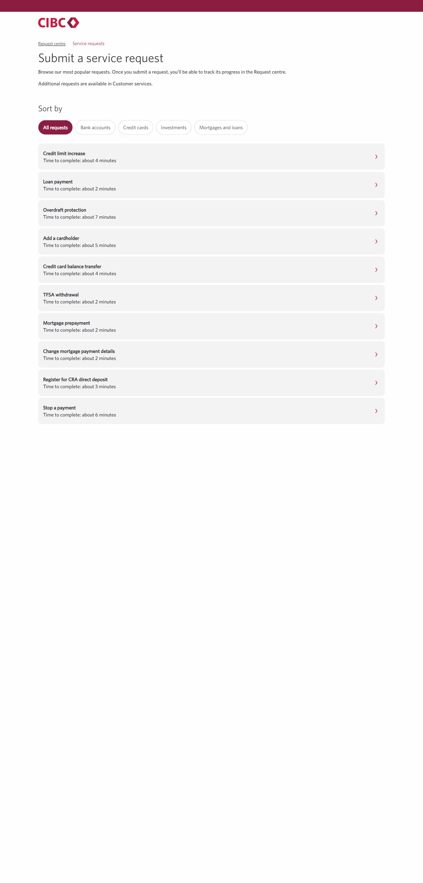 Demo screen 4: CIBC Online Banking Request Centre actions list. A pulsing animation highlights the "Mortgage prepayment" button.