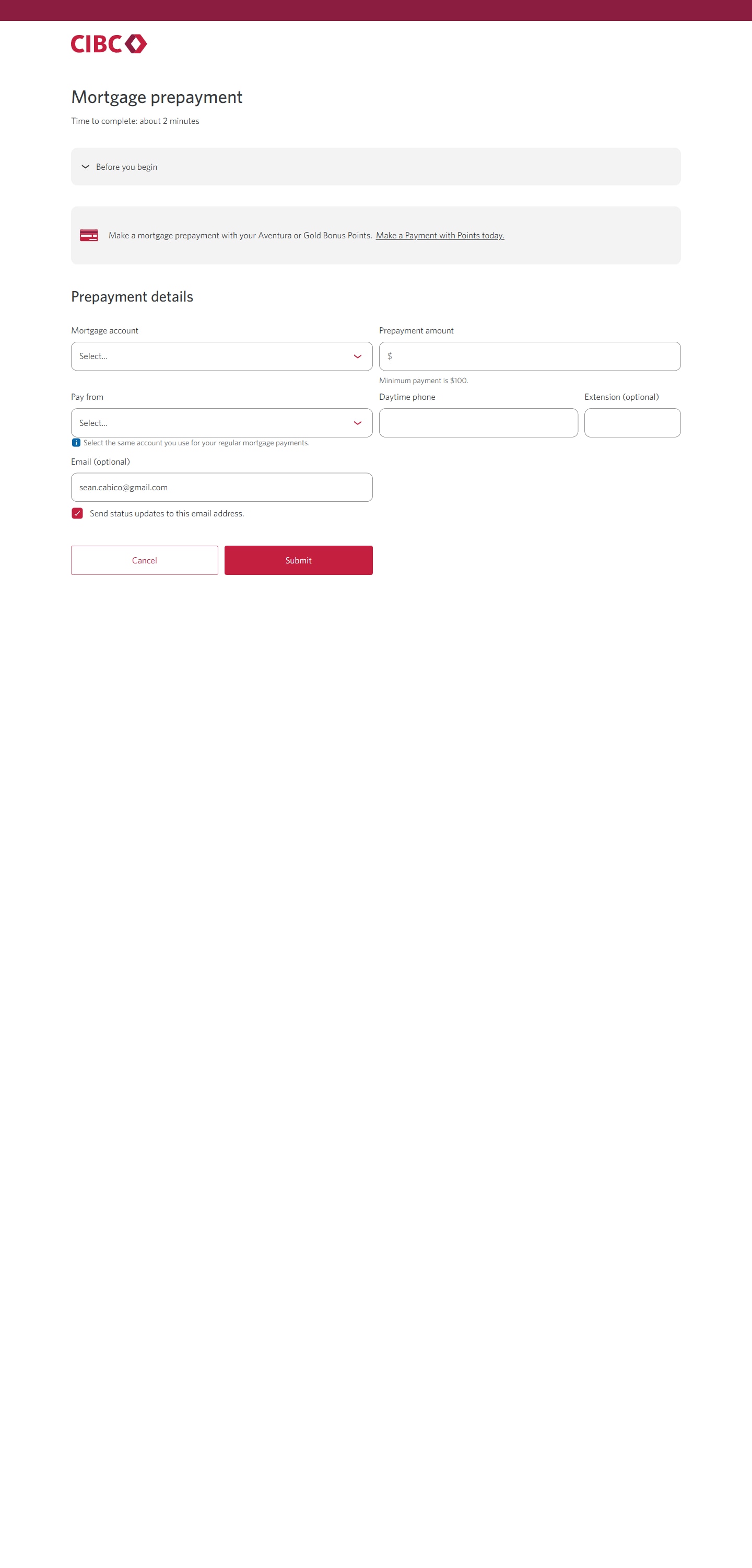 Demo screen 5: CIBC Online Banking Request Centre mortgage payment details form. A pulsing animation highlights the "Mortgage account" dropdown menu.