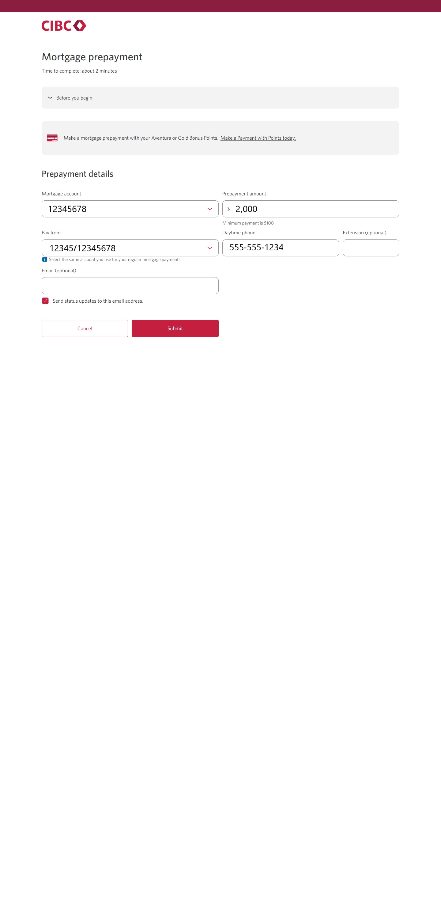 Demo screen 6: CIBC Online Banking Request Centre payment details form. A pulsing animation highlights the "Submit" button.
