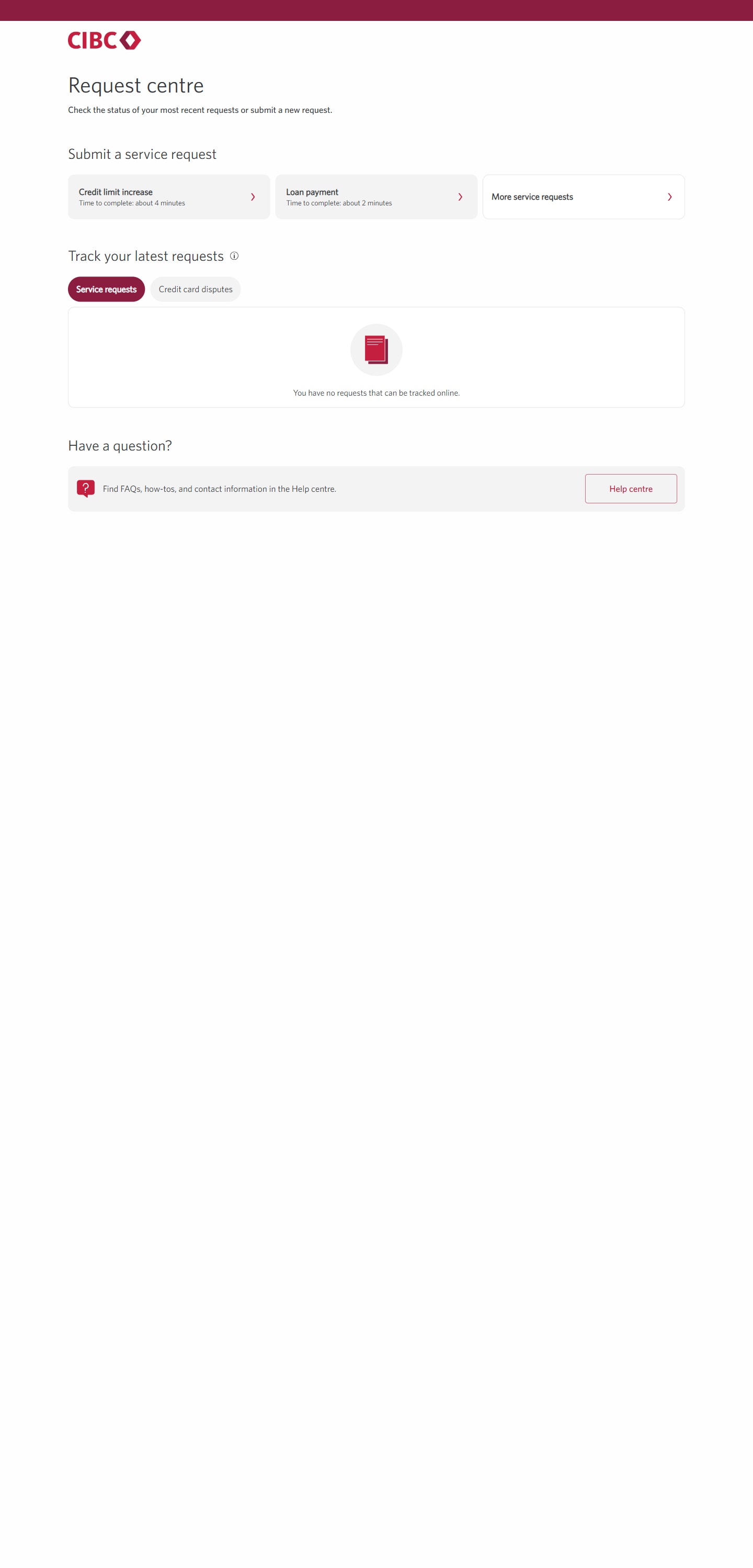 Demo screen 7: CIBC Online Banking Request Centre page. A pulsing animation highlights the "More service requests" button.