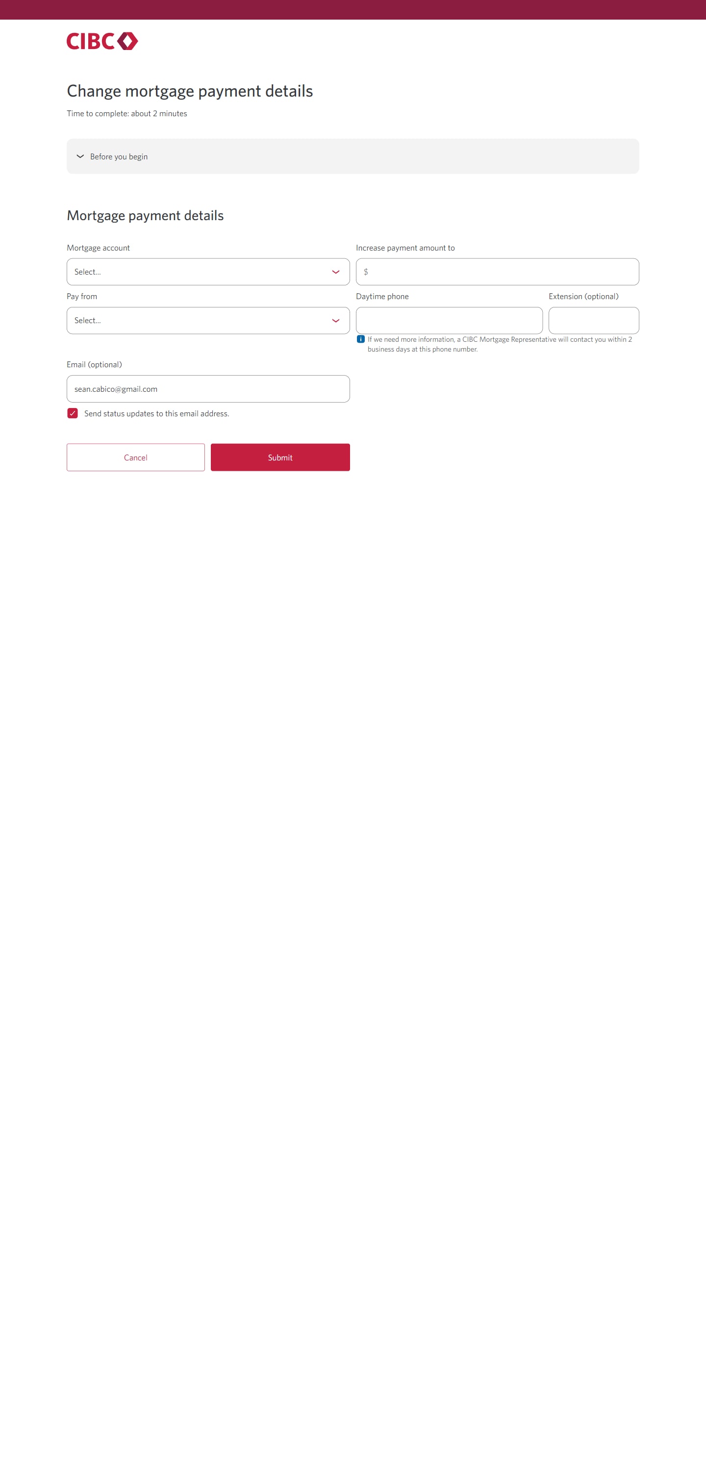 Demo screen 9: CIBC Online Banking Request Centre payment details form. A pulsing animation highlights the "Mortgage account" combo box. 