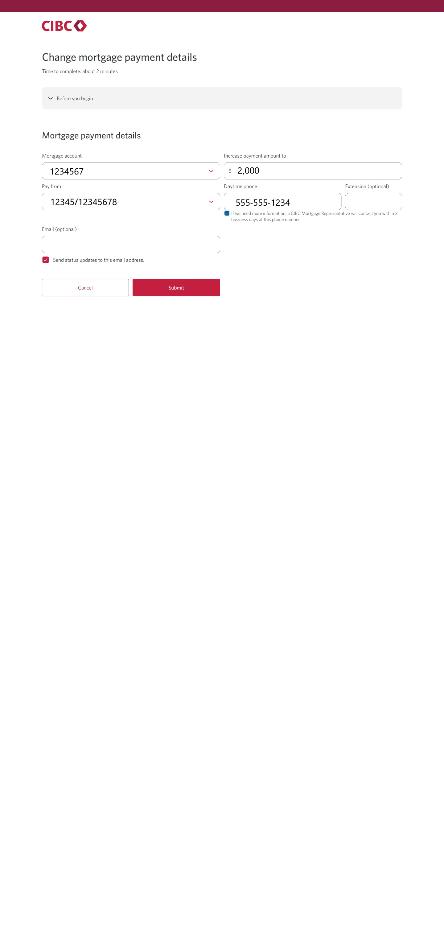 Demo screen 10: CIBC Online Banking Request Centre payment details form. A pulsing animation highlights the "Submit" button.