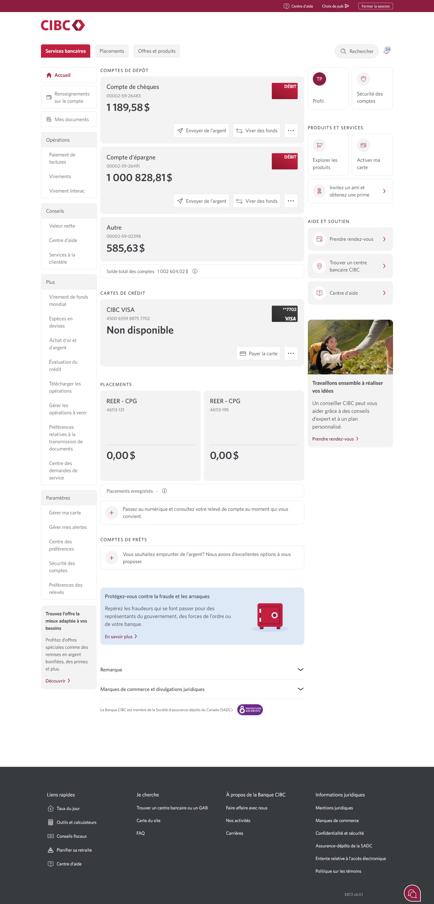 Écran 2 de la démonstration : Page d’accueil de Services bancaires CIBC en direct. Une animation dynamique met en évidence le lien Centre des demandes de service.