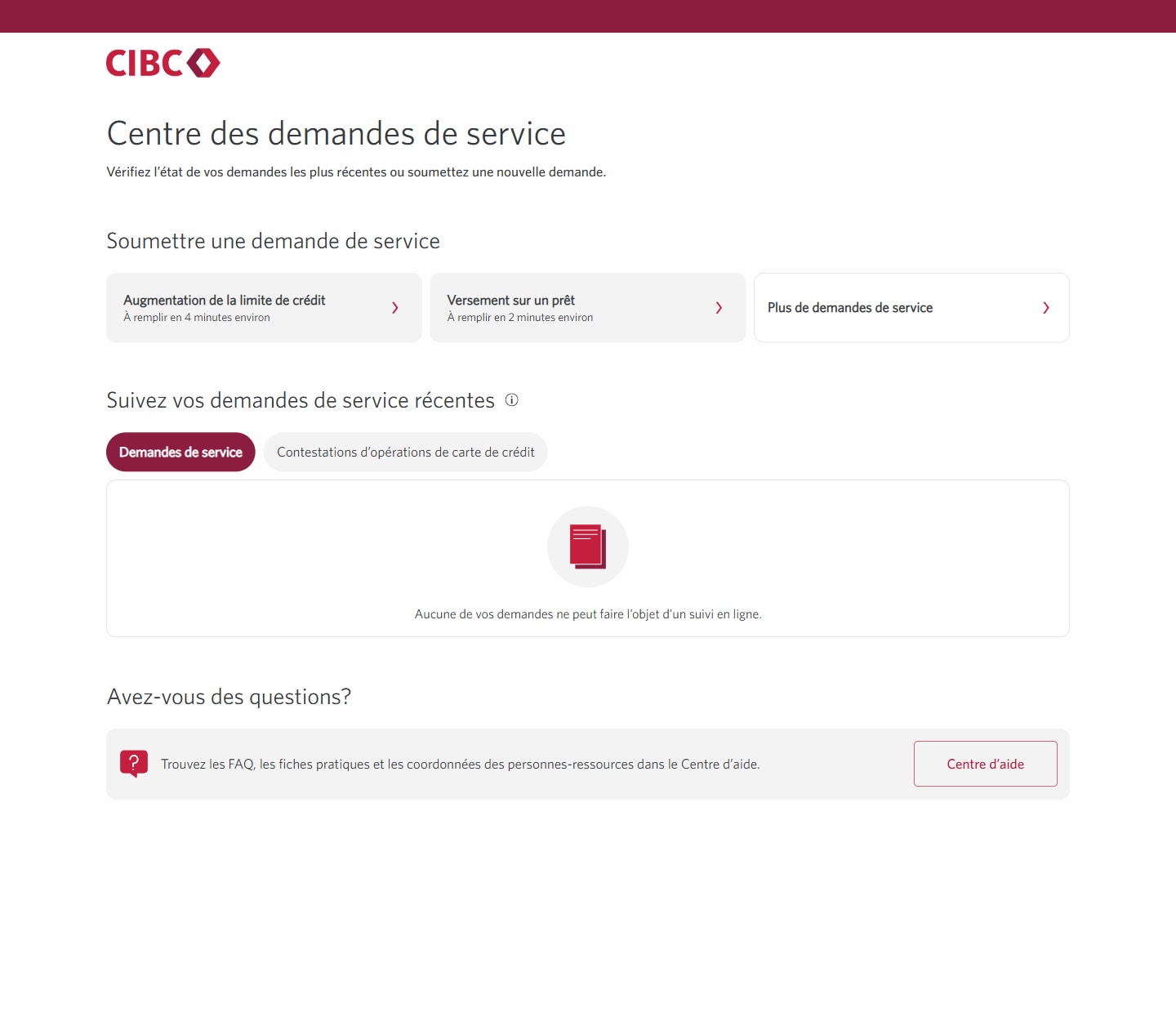 Écran 3 de la démonstration : Page du Centre des demandes de service de Services bancaires CIBC en direct. Une animation dynamique met en évidence le bouton Plus de demandes de service.