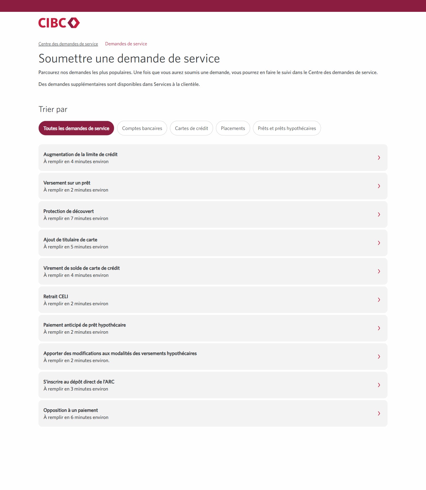 Écran 4 de la démonstration : Liste des mesures à prendre par le Centre de demandes de service de Services bancaires CIBC en direct. Une animation dynamique met en évidence le bouton de paiement anticipé de prêt hypothécaire.