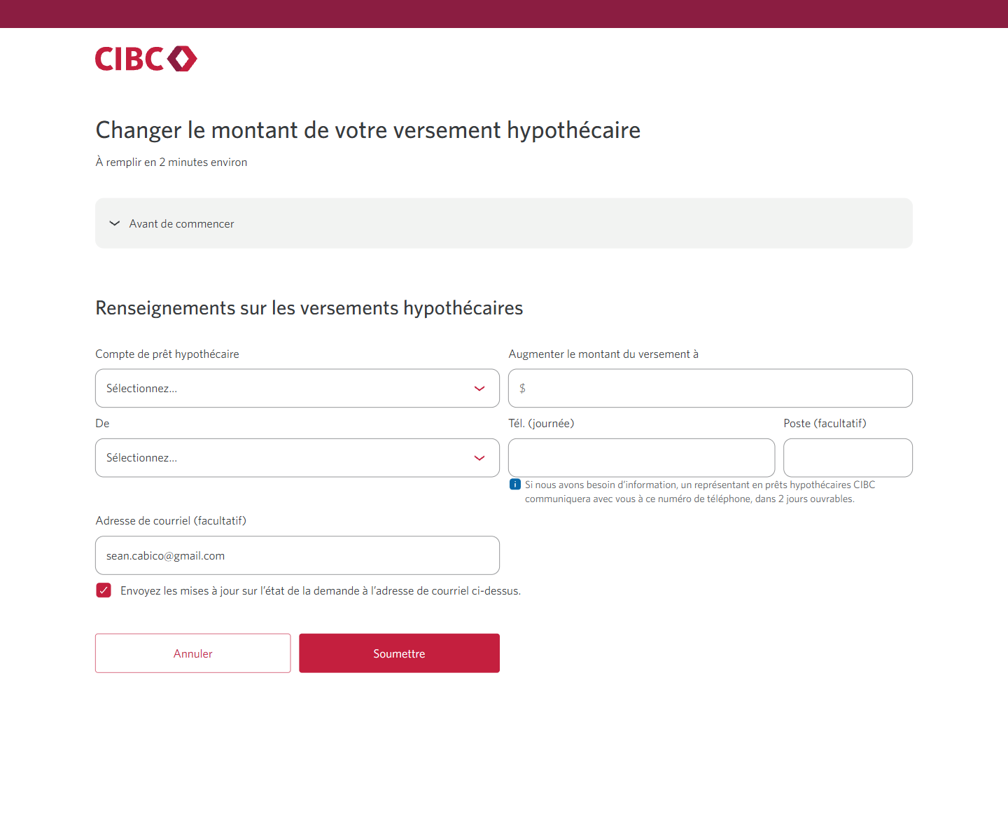 Écran 5 de la démonstration : Formulaire de renseignements sur les versements hypothécaires du Centre de demandes de service de Services bancaires CIBC en direct. Une animation dynamique met en évidence le menu déroulant du compte de versement hypothécaire.