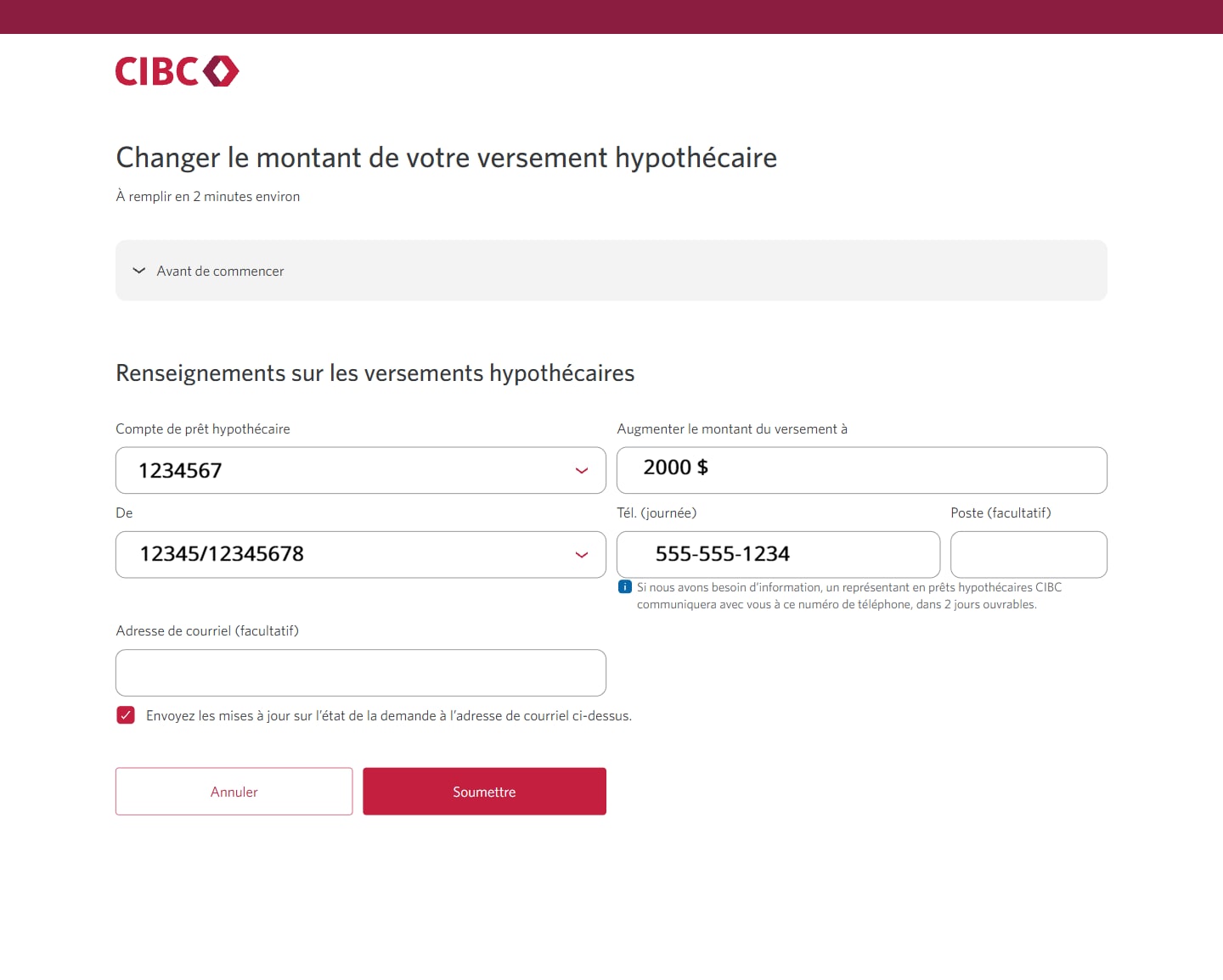 Écran 6 de la démonstration : Formulaire de renseignements sur les versements du Centre de demandes de service de Services bancaires CIBC en direct. Une animation dynamique met en évidence le bouton Soumettre.