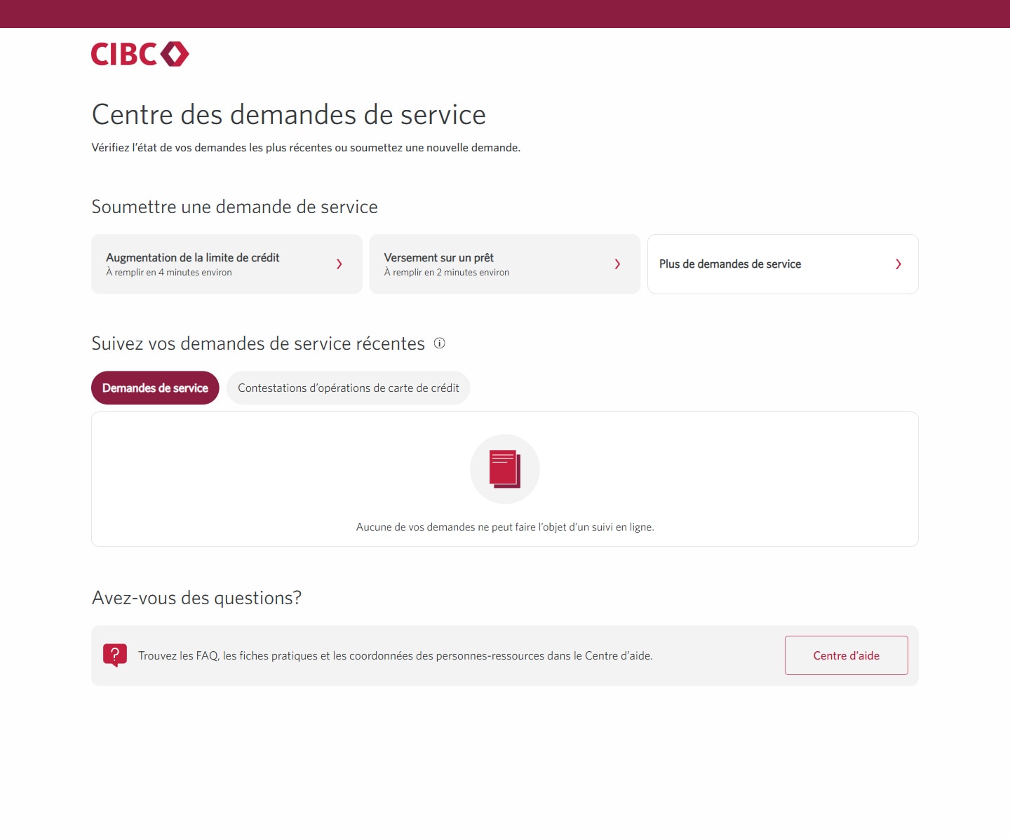 Écran 7 de la démonstration : Page du Centre des demandes de service de Services bancaires CIBC en direct. Une animation dynamique met en évidence le bouton Plus de demandes de service.