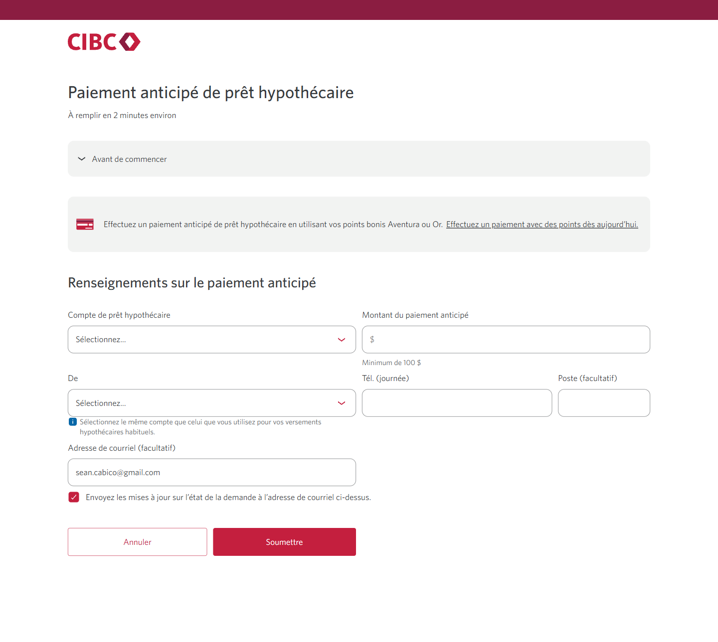 Écran 9 de la démonstration : Formulaire de renseignements sur les versements du Centre de demandes de service de Services bancaires CIBC en direct. Une animation dynamique met en évidence la zone de liste déroulante du compte de versement hypothécaire.