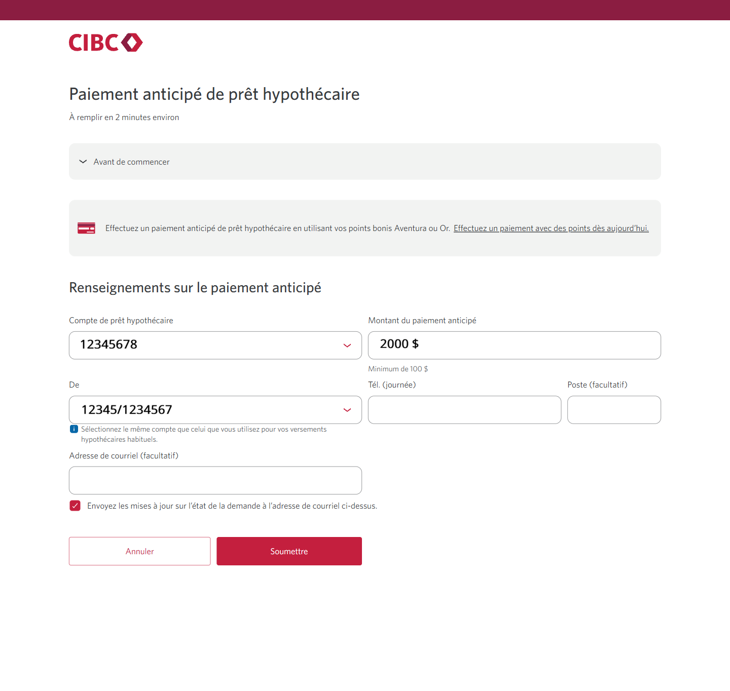 Écran 10 de la démonstration : Formulaire de renseignements sur les versements du Centre de demandes de service de Services bancaires CIBC en direct. Une animation dynamique met en évidence le bouton Soumettre.
