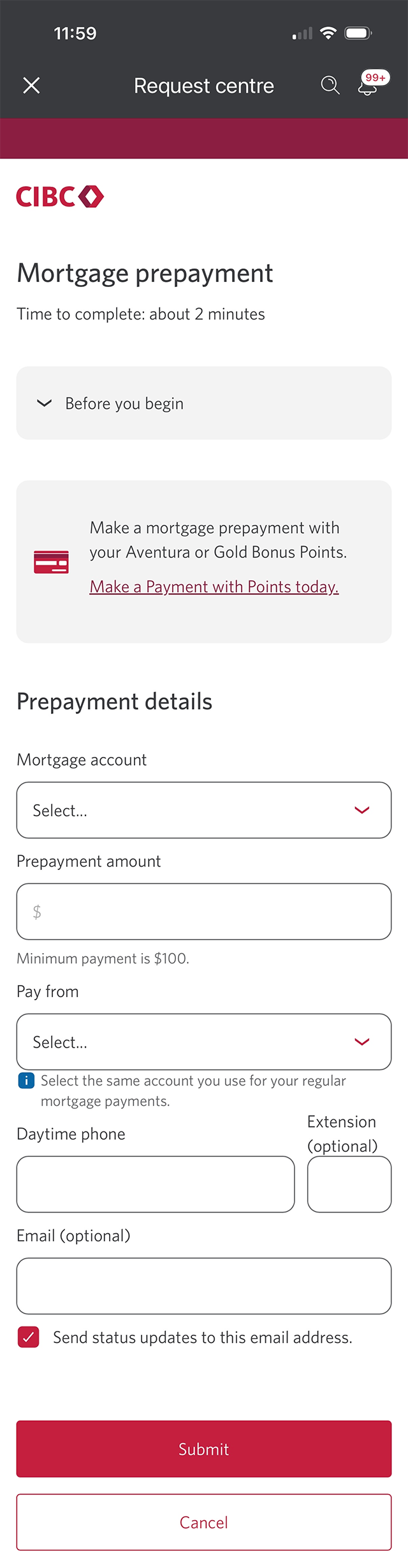 Demo screen 6: CIBC Mobile Banking App Request Centre. A pulsing animation highlights the "Submit" button.