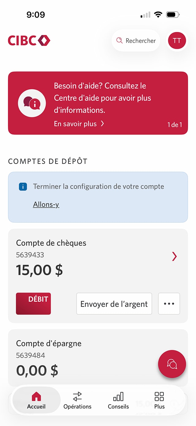 Écran 2 de la démonstration : Écran d’ouverture de session de l’application Services bancaires mobiles CIBC. Une animation dynamique met en évidence l’onglet Plus.