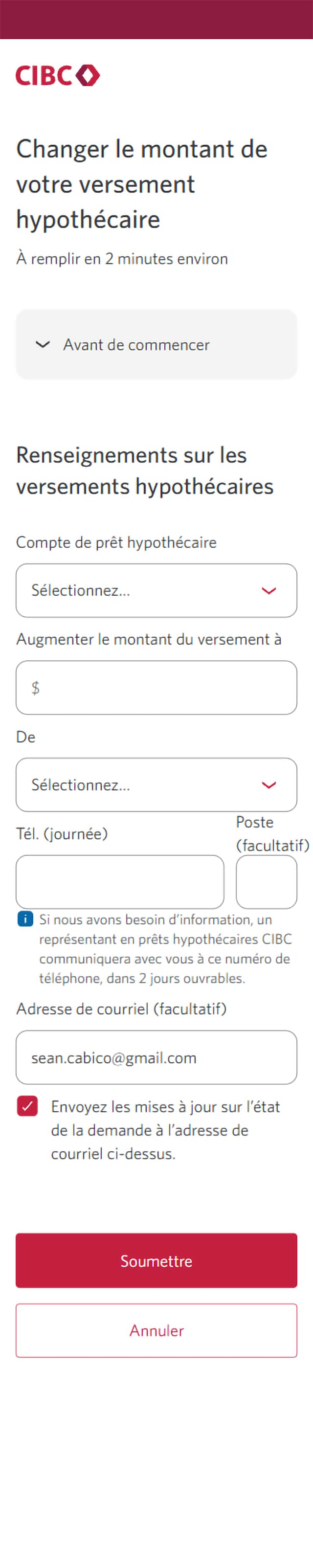 Écran 6 de la démonstration : Centre des demandes de service de l’application Services bancaires mobiles CIBC. Une animation dynamique met en évidence le bouton Soumettre.