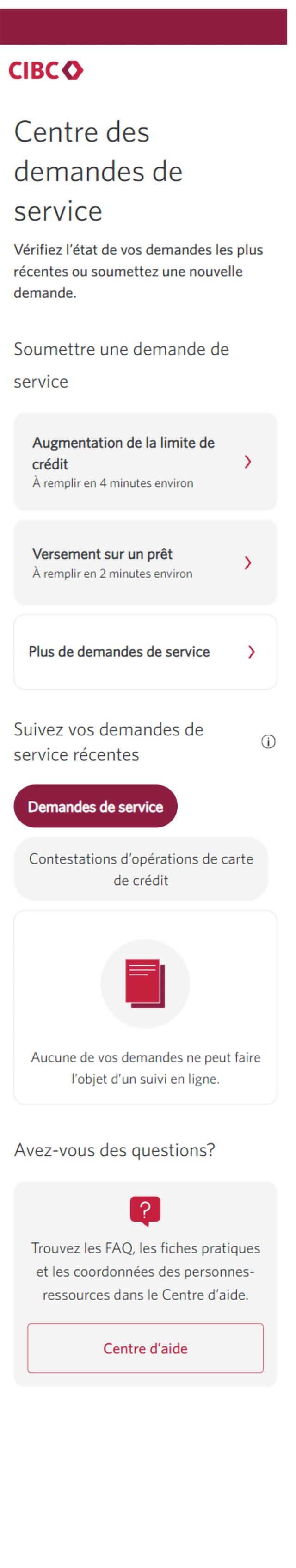 Écran 7 de la démonstration : Centre des demandes de service de l’application Services bancaires mobiles CIBC. Une animation dynamique met en évidence le bouton Plus de demandes de service.