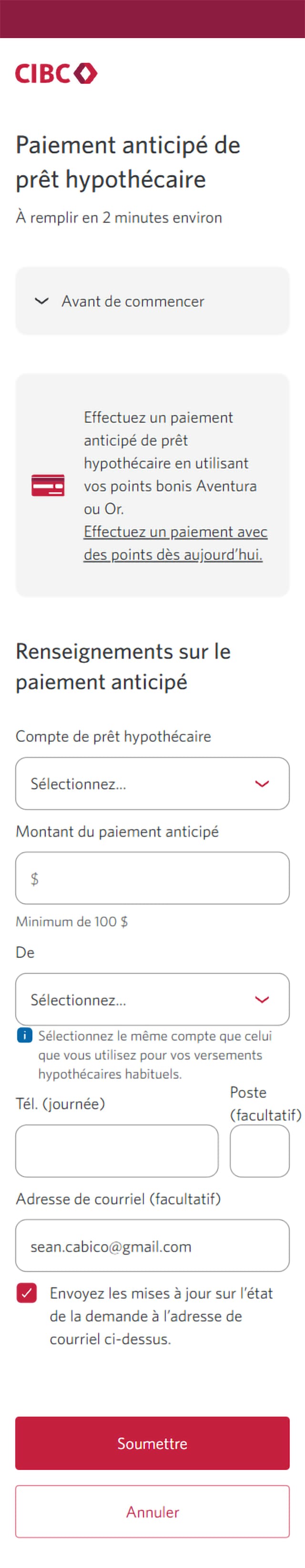 Écran 9 de la démonstration : Centre des demandes de service de l’application Services bancaires mobiles CIBC. Une animation dynamique met en évidence le bouton Soumettre.