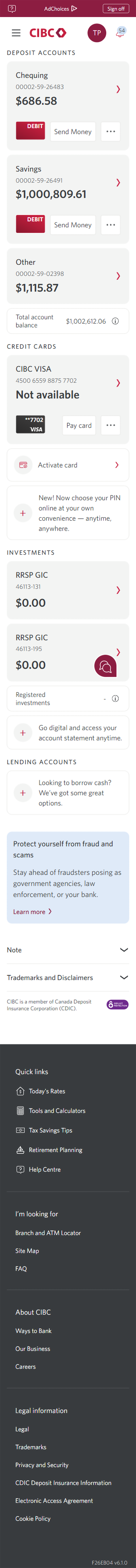 Demo screen 2: CIBC Online Banking homepage. A pulsing animation highlights the "More options" menu.